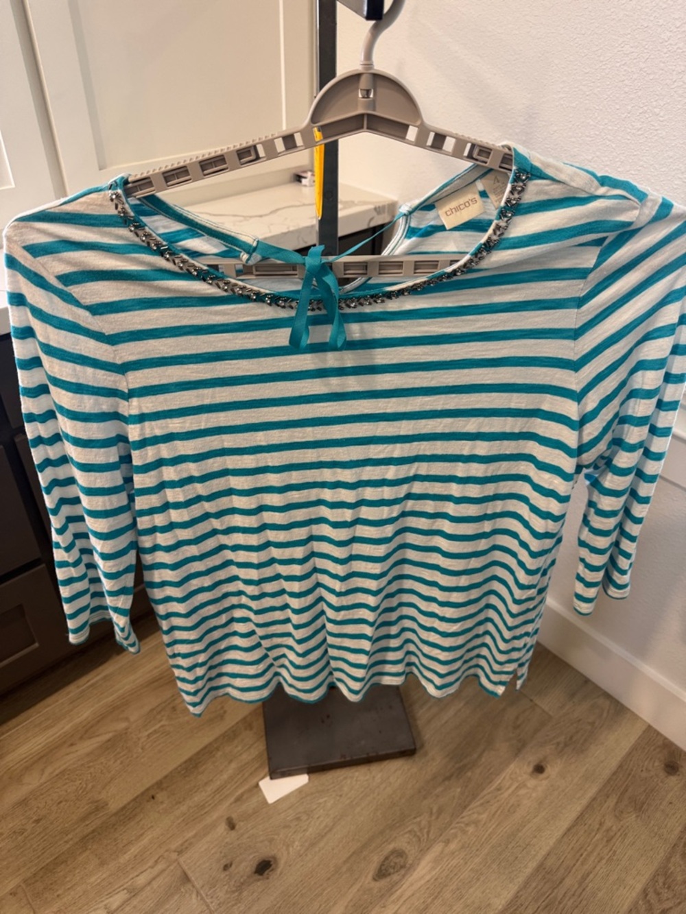 Chico's Blue and White Striped Boatneck Top with tie back. Size 4/XXL